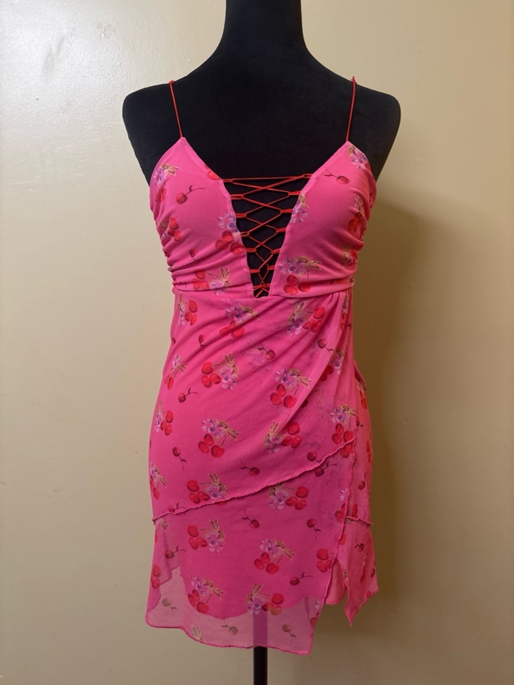 Urban Outfitters Pink Bright Side Cherry Lace-Up Mini Dress